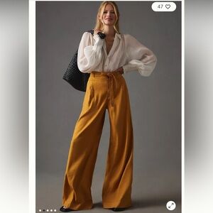 Anthropologie Mustard High Rise Belted Wide Leg Linen Blend Pants